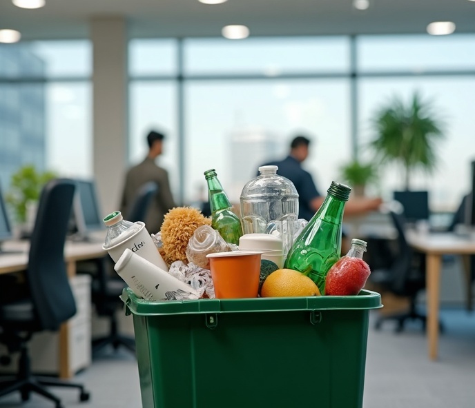 Déchets de bureau non triés dans une poubelle unique