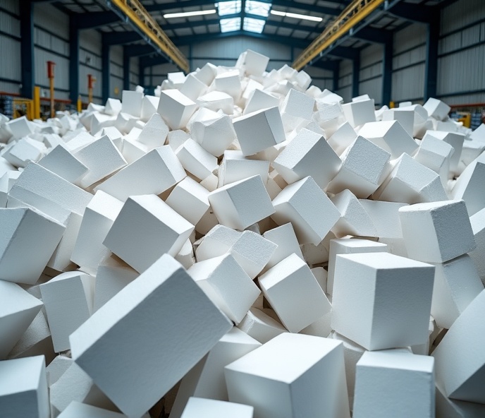 Amas de blocs de polystyrène expansé avant traitement