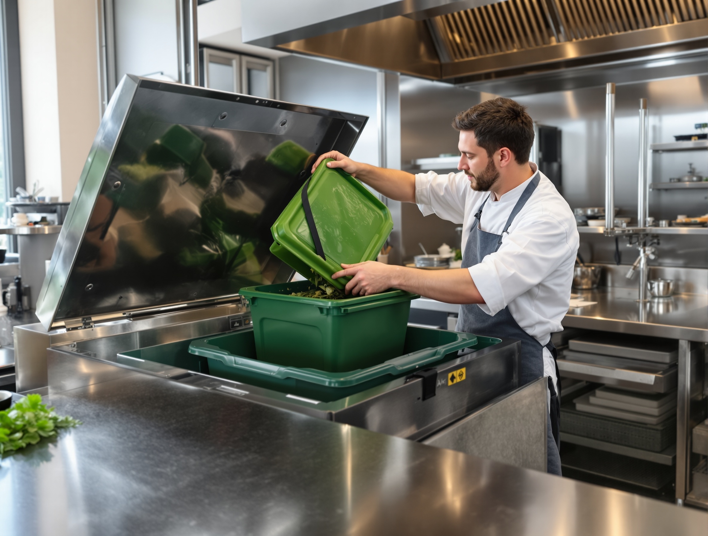 Chef cuisinier transférant le contenu du Bio-seau vers l'unité de compostage H24