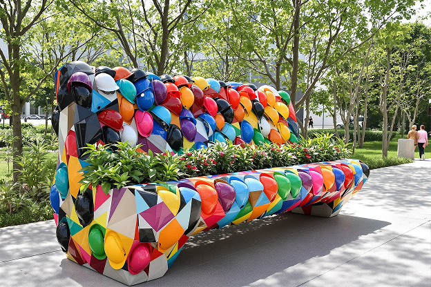 Banc public design fabriqué à partir de casques de chantier recyclés multicolores