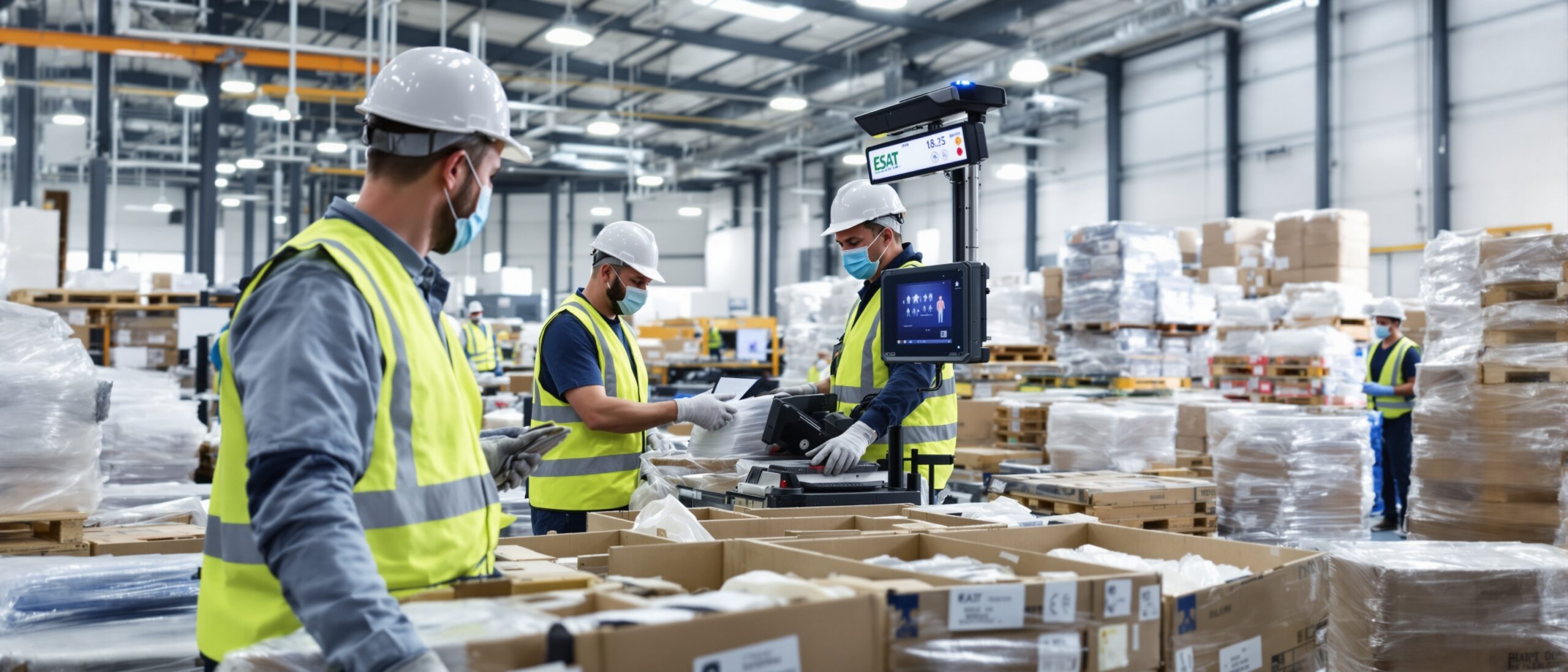 Opérateurs ESAT identifiant et pesant les palettes d'EPI à leur réception