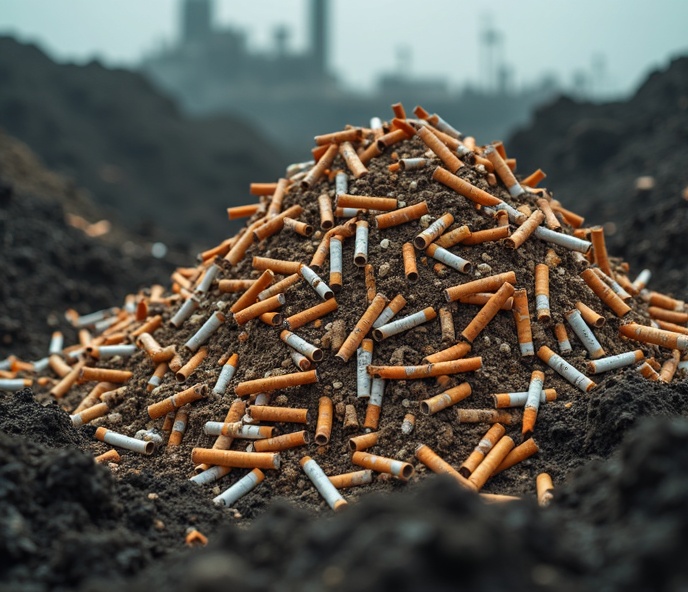 Mégots de cigarette entassés en décharge avant enfouissement