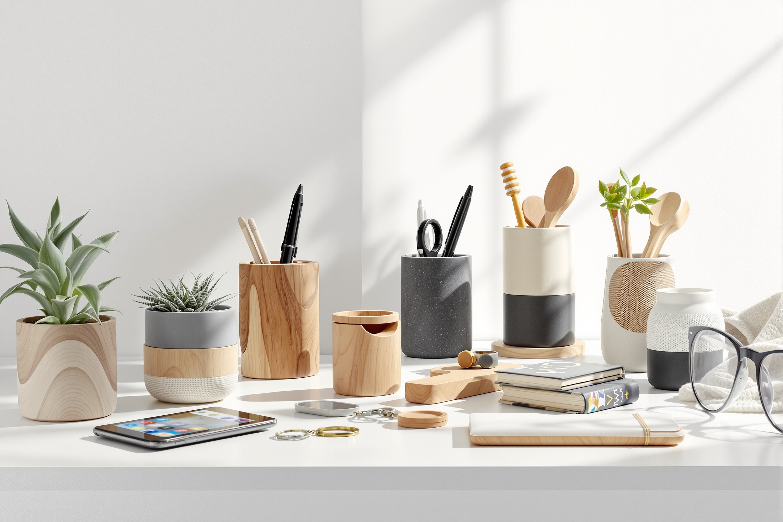 Objets du quotidien — pots et organisateurs de bureau fabriqués à partir d'EPI recyclés